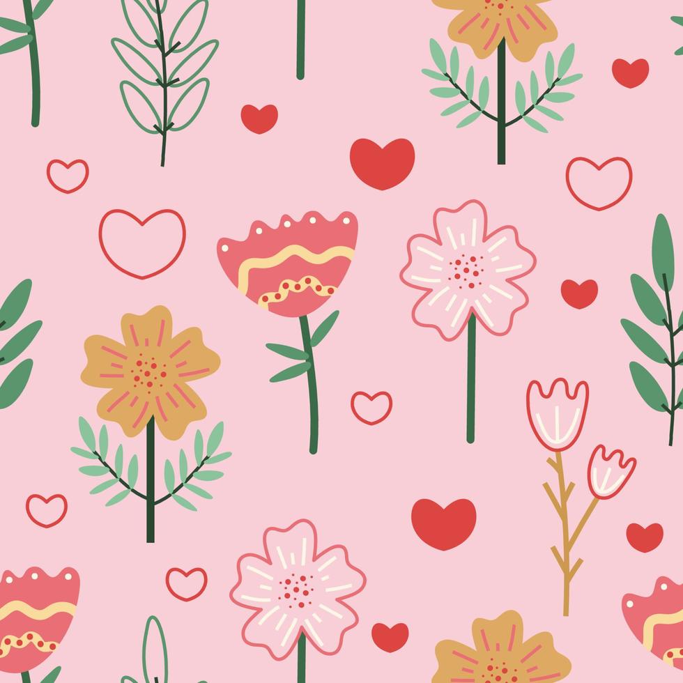 Floral seamless pattern. Vector design with flowers, suitable for Valentine's Day, for paper, cover, fabric, indoor decor and other uses. Vector illustration on a pink background.