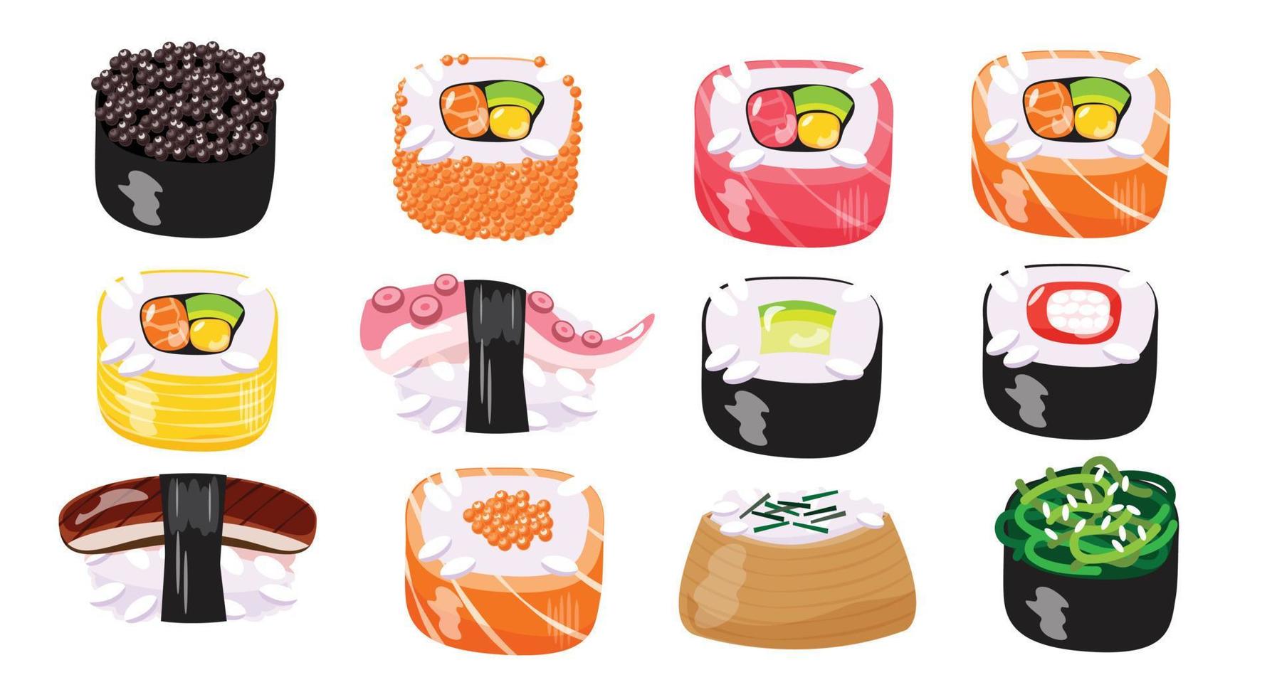 conjunto de elementos de sushi ilustración vectorial vector