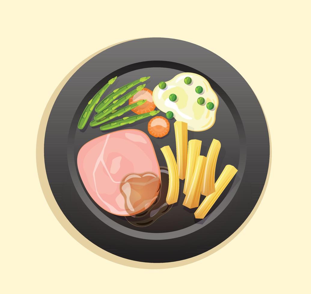 Juicy tasty steak on a black plate vector