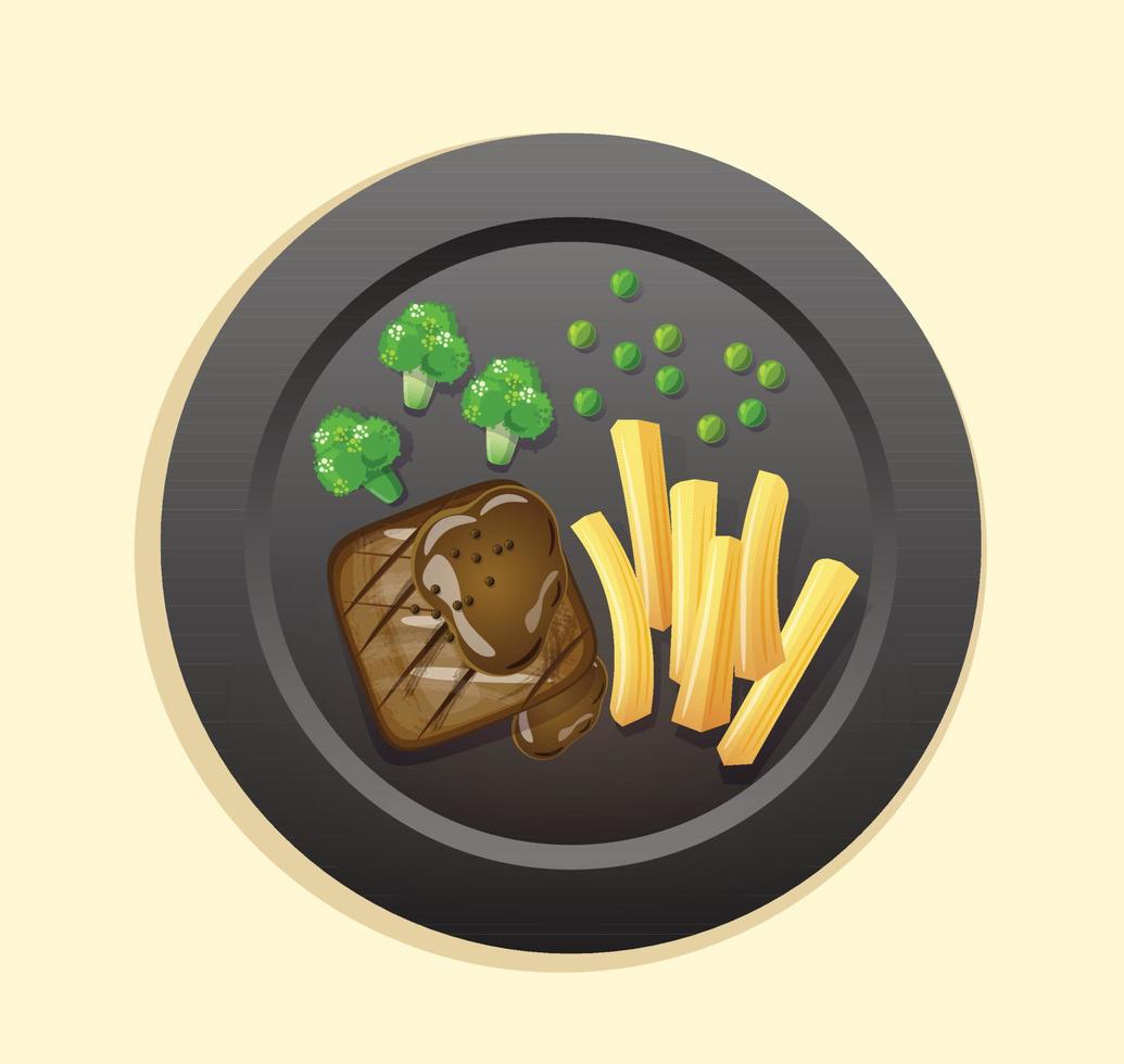 Juicy tasty steak on a black plate vector