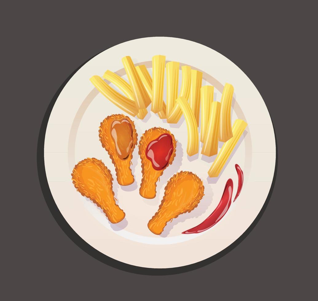 fried chicken and french fries on plate vector