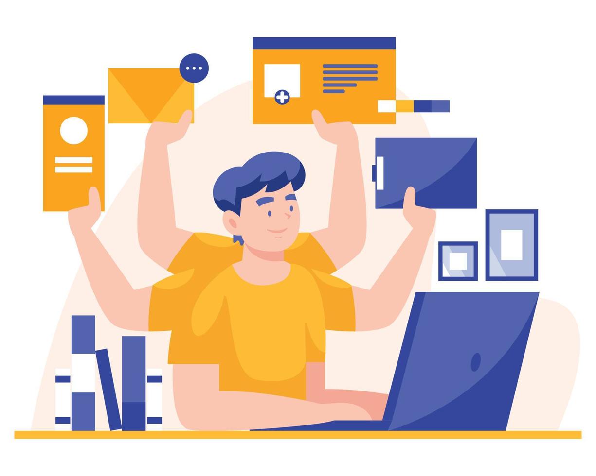 multitasking man working on a laptop. Flat  Vector illustration