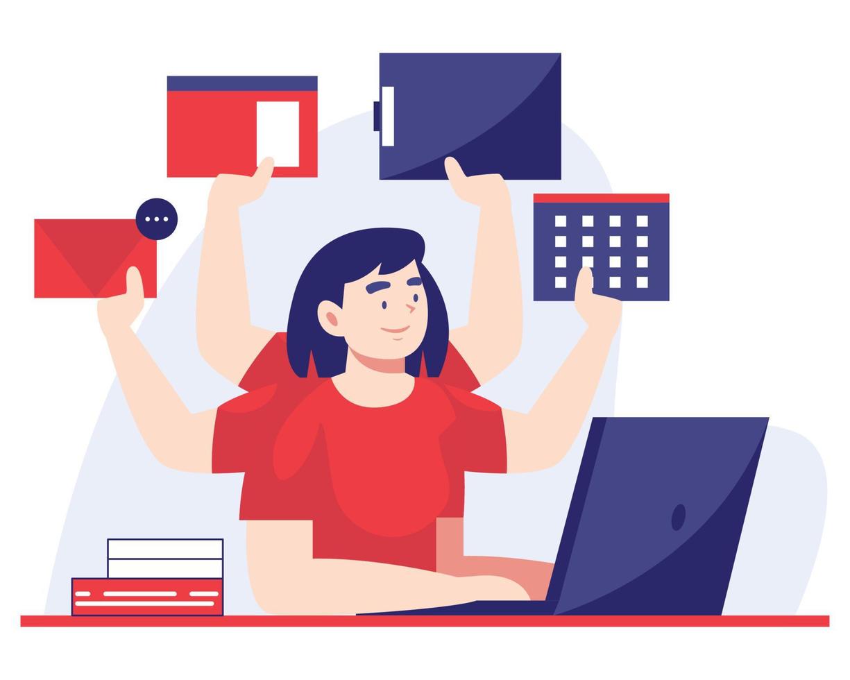 multitasking woman working on a laptop. Flat  Vector illustration