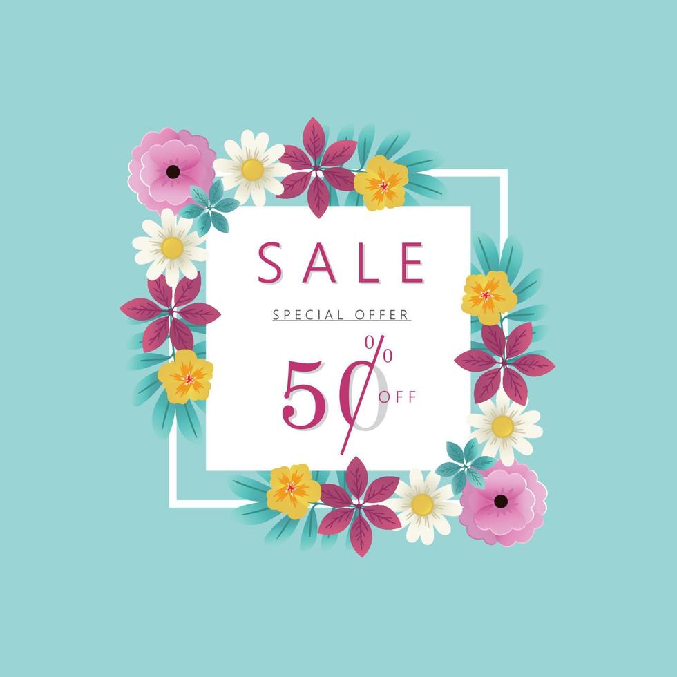 banner de venta de primavera verano con flores sobre un fondo azul claro. banner perfecto para promociones, revistas, publicidad, sitios web. eps 10 v1. vector