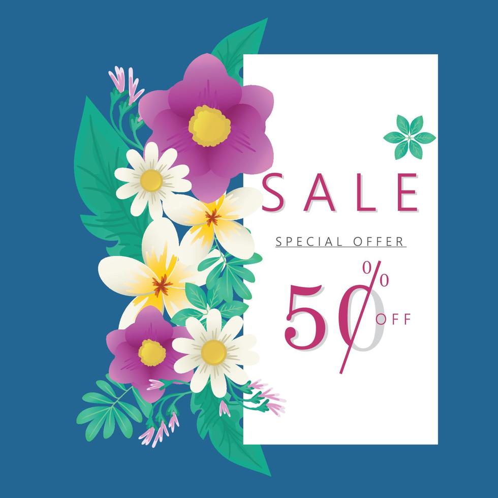 banner de venta de primavera verano con flores sobre un fondo azul oscuro. banner perfecto para promociones, revistas, publicidad, sitios web. eps 10 v1. vector