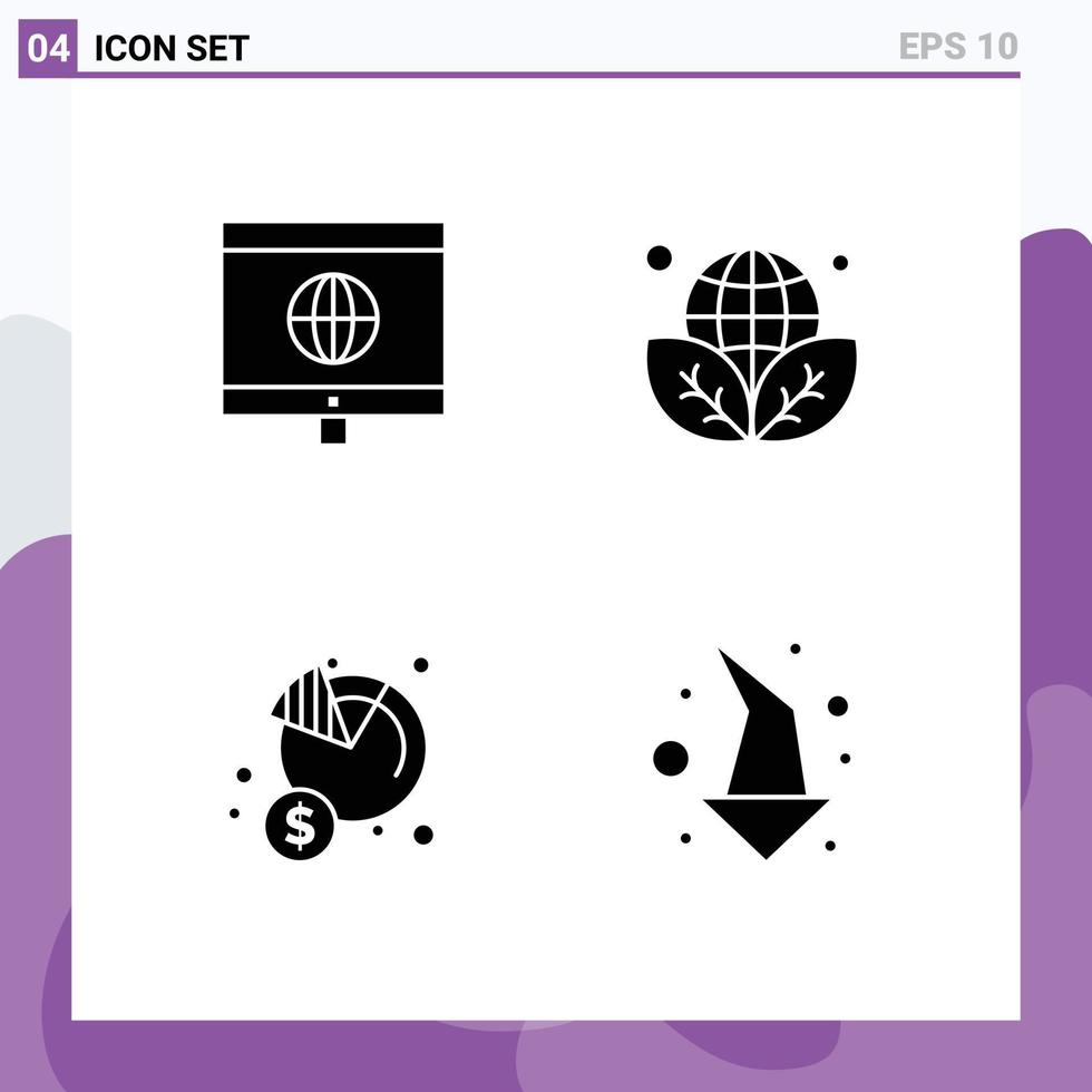 Group of 4 Modern Solid Glyphs Set for computer gross earth day green money Editable Vector Design Elements