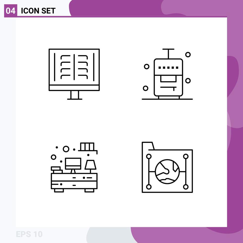 paquete de línea de 4 símbolos universales de computadora médica costillas maleta mesa elementos de diseño vectorial editables vector