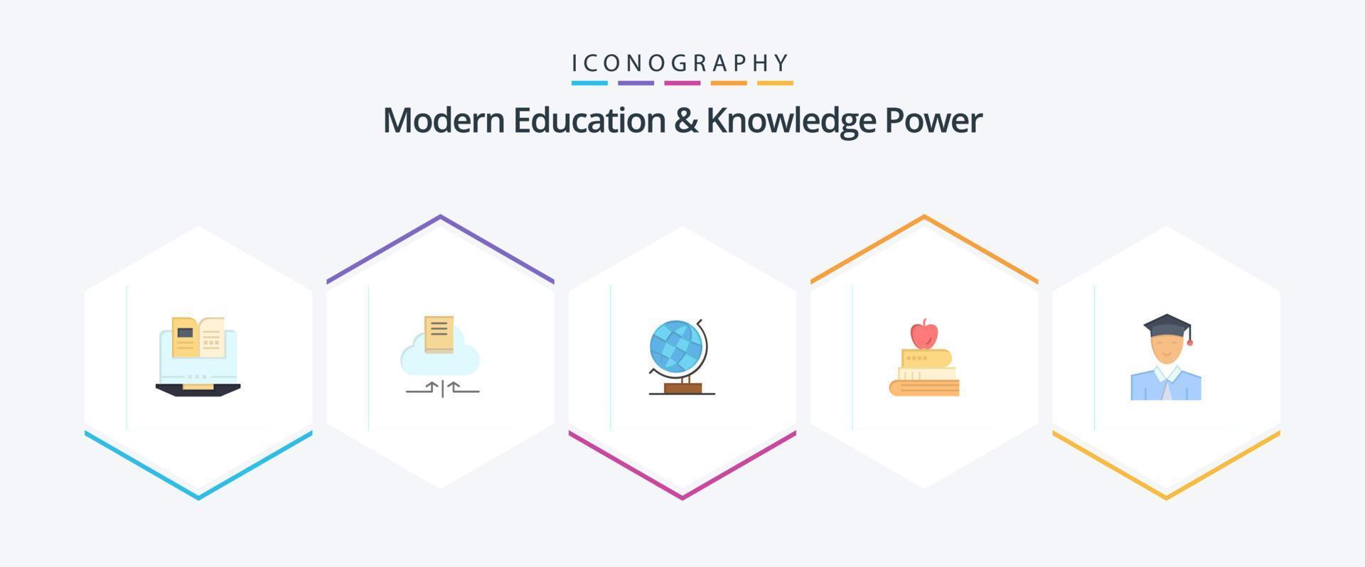 Modern Education And Knowledge Power 25 Flat icon pack including education. education. world. food. book vector