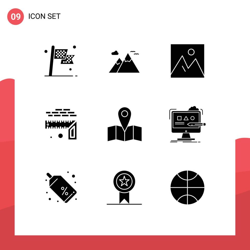 Group of 9 Modern Solid Glyphs Set for size height travel measurement interior Editable Vector Design Elements