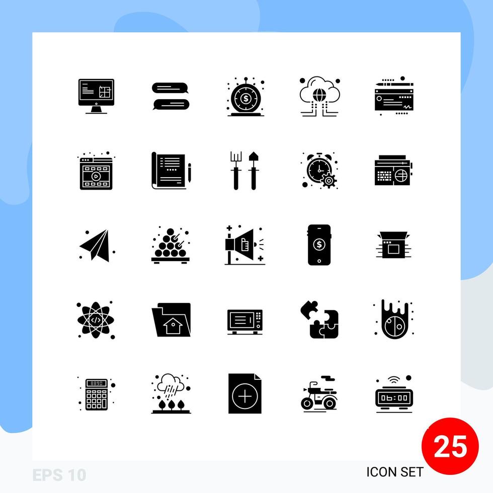 Pack of 25 Modern Solid Glyphs Signs and Symbols for Web Print Media such as internet data finance computing quick Editable Vector Design Elements