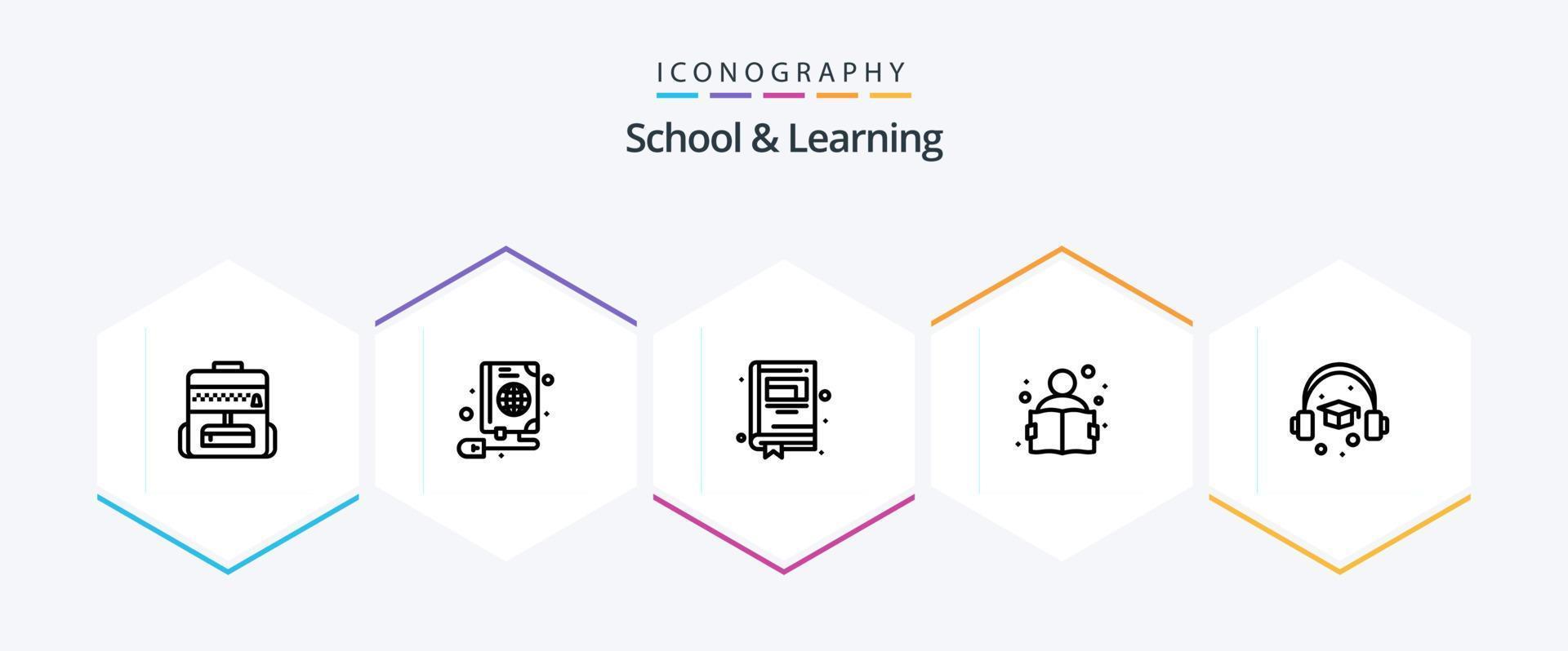 School And Learning 25 Line icon pack including . education. notebook. cap. reading vector