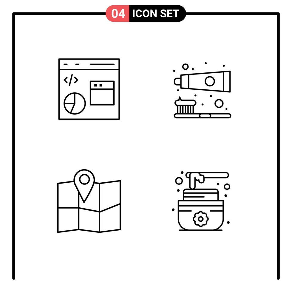 4 colores planos universales de línea de relleno establecidos para aplicaciones web y móviles codificación ubicación desarrollo diente pin elementos de diseño vectorial editables vector