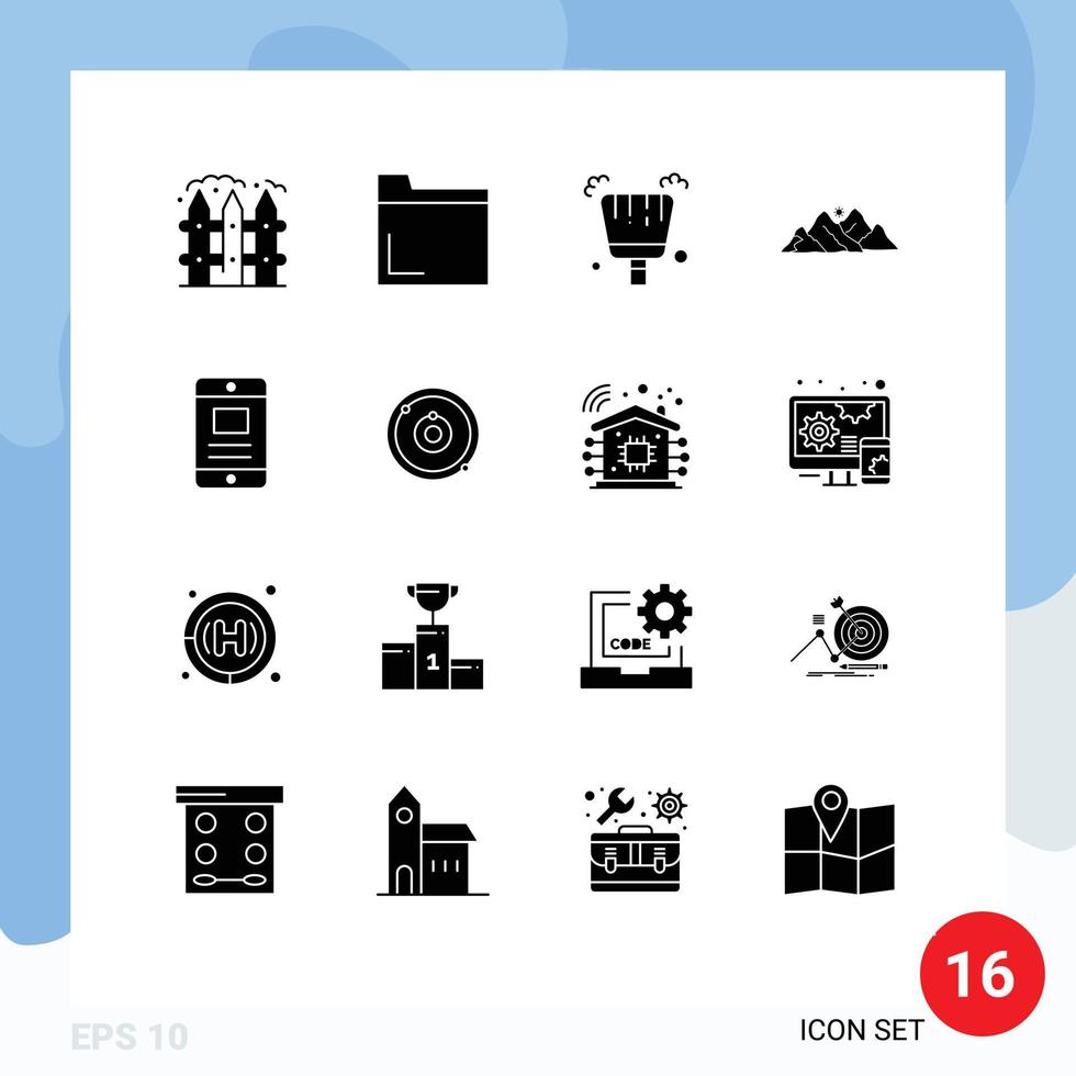 Solid Glyph Pack of 16 Universal Symbols of online mobile dustpan scene hill Editable Vector Design Elements