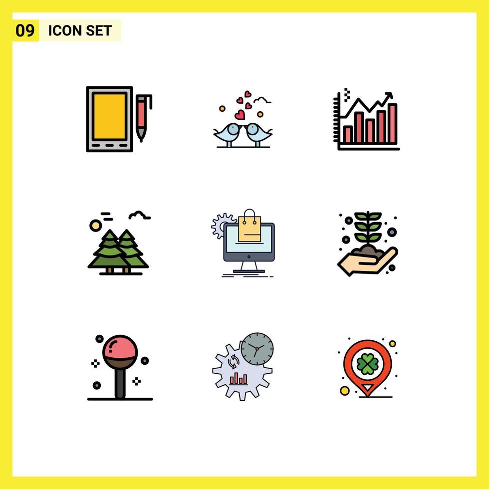 9 Universal Filledline Flat Color Signs Symbols of pine trees arctic wedding alpine chart Editable Vector Design Elements