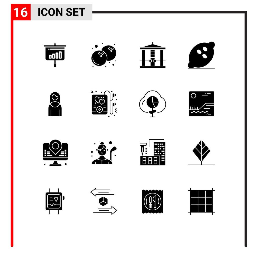 Group of 16 Solid Glyphs Signs and Symbols for women fruits decapitate fruit dessert Editable Vector Design Elements