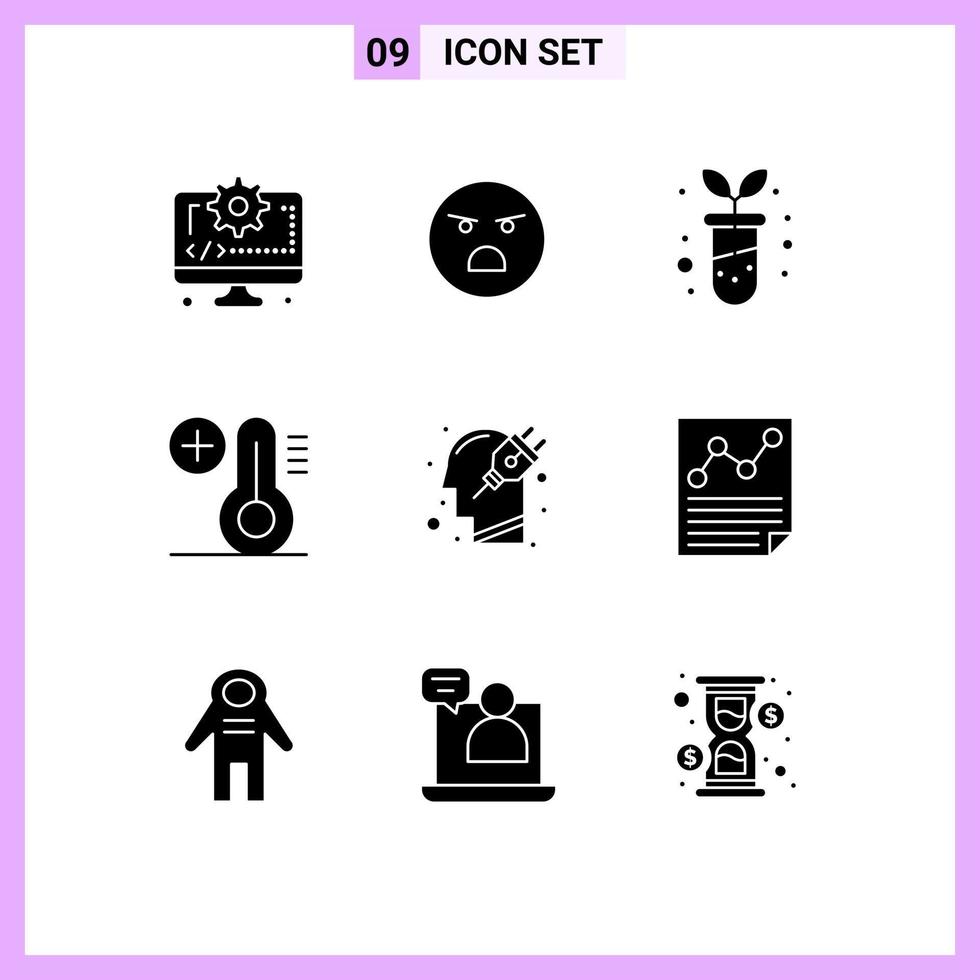 Pack of 9 creative Solid Glyphs of plug human biological head plus Editable Vector Design Elements