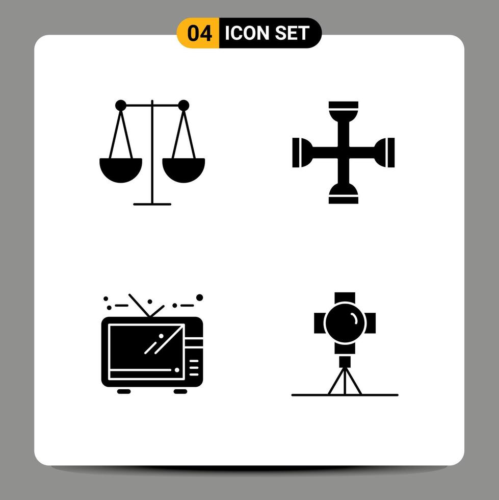 User Interface Pack of 4 Basic Solid Glyphs of balanced entertainment libra setting tv Editable Vector Design Elements