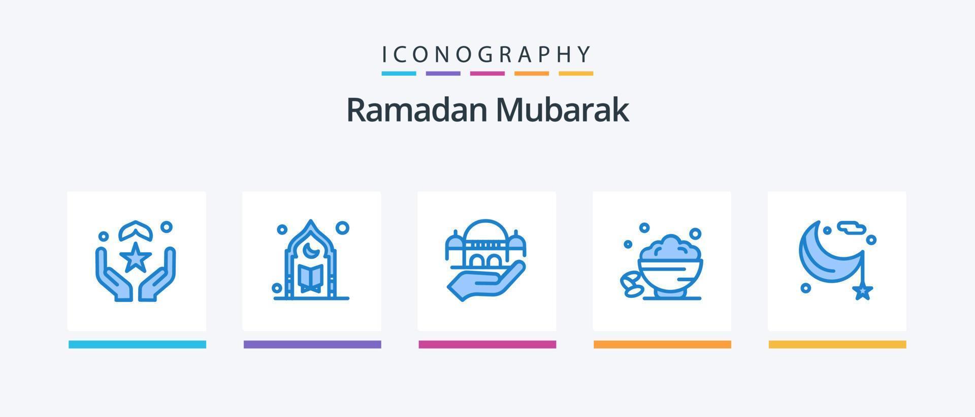 paquete de iconos ramadan blue 5 que incluye rápido. fecha. oración. plato. caridad. diseño de iconos creativos vector