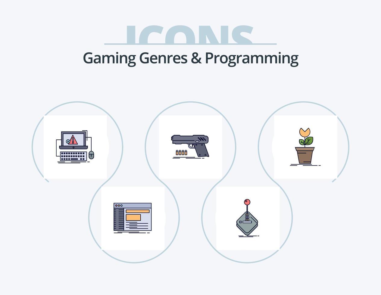 géneros de juegos y línea de programación llenos de iconos pack 5 diseño de iconos. codificación. API. robot. divertida. bola vector