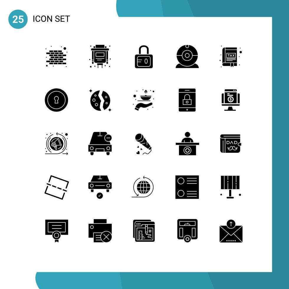 paquete de 25 signos y símbolos de glifos sólidos modernos para medios de impresión web, como elementos de diseño de vectores editables de la aplicación de libro de estudio de interfaz de ojo de cerradura