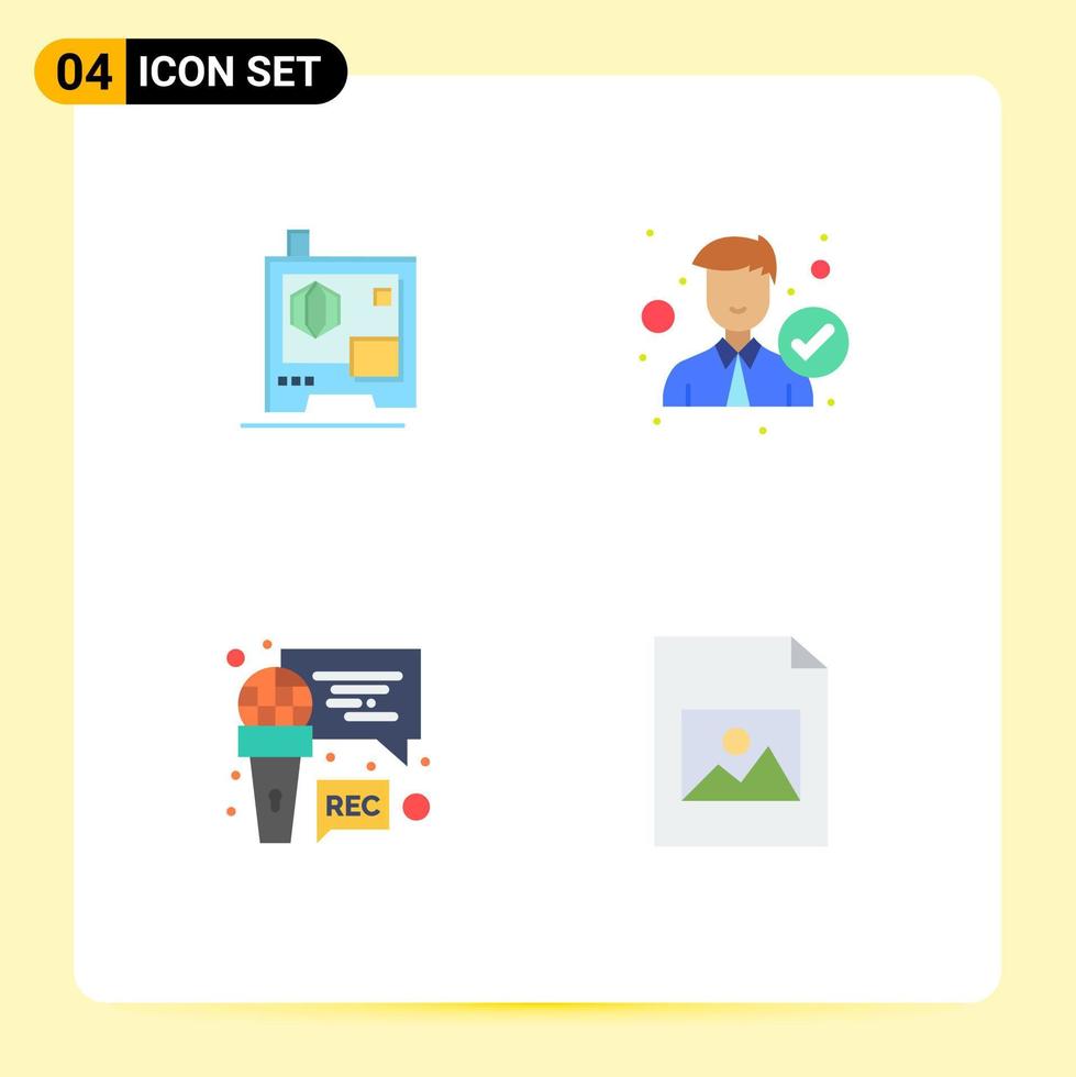Set of 4 Vector Flat Icons on Grid for printer microphone accept office program Editable Vector Design Elements
