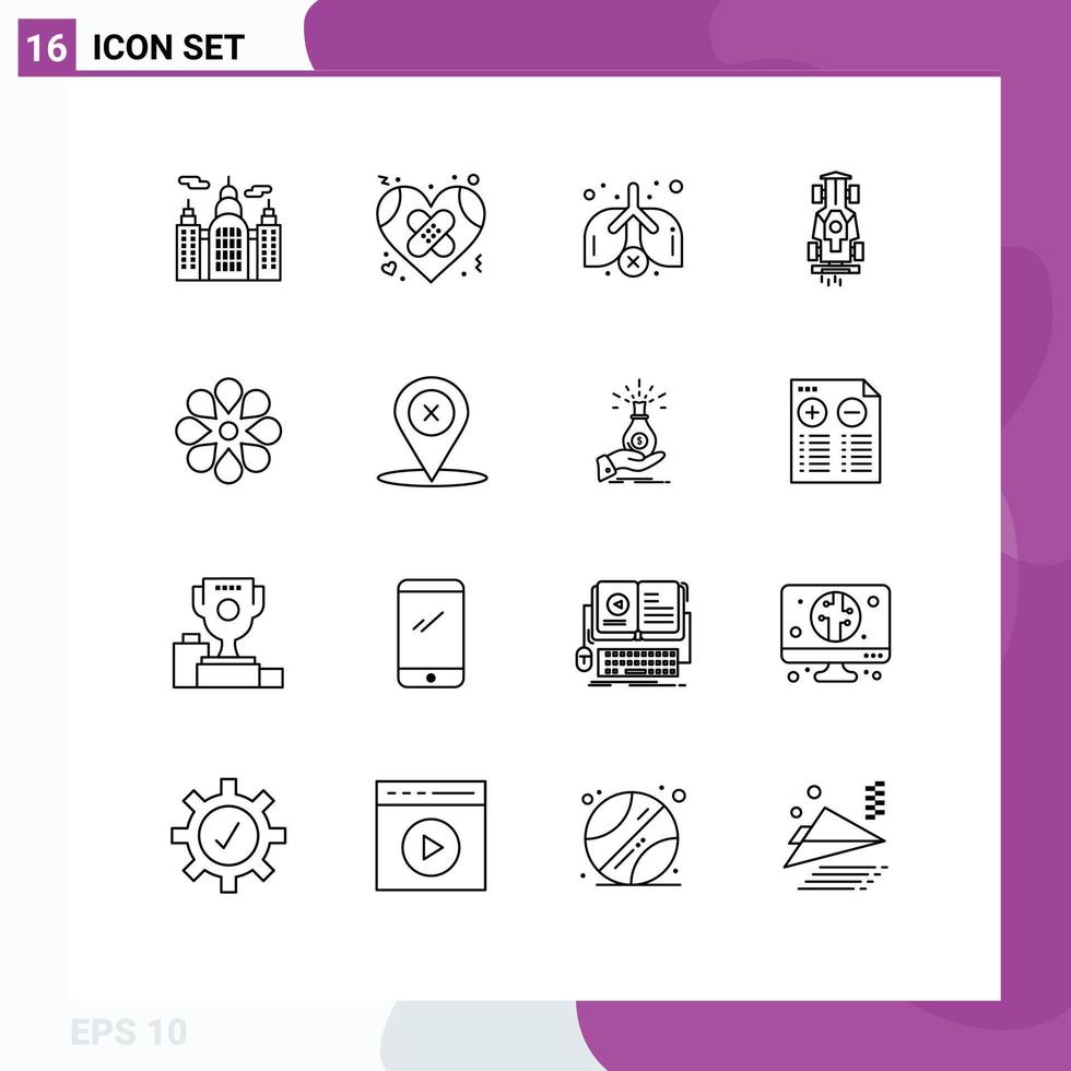 Set of 16 Modern UI Icons Symbols Signs for celebrate speed lungs racing formula Editable Vector Design Elements