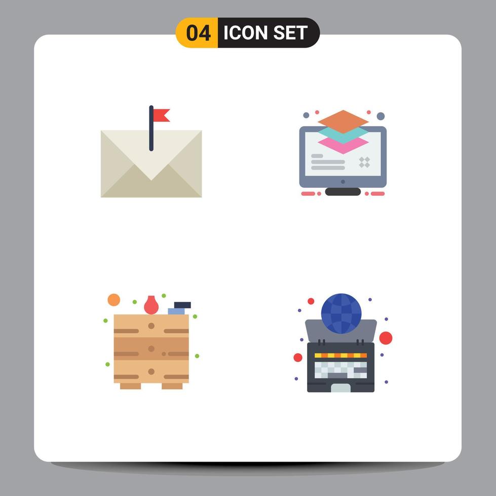 Group of 4 Flat Icons Signs and Symbols for communication monitor envelope layer office Editable Vector Design Elements