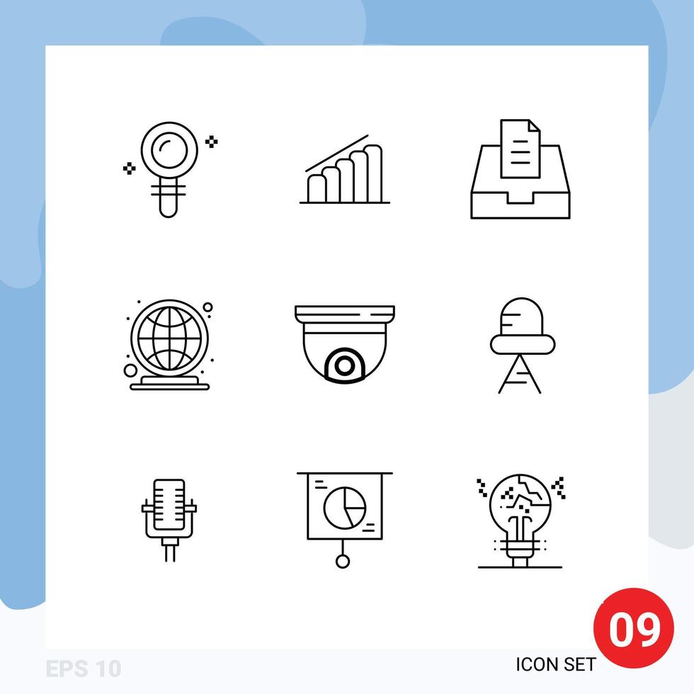Editable Vector Line Pack of 9 Simple Outlines of roof cam inbox market place globe Editable Vector Design Elements