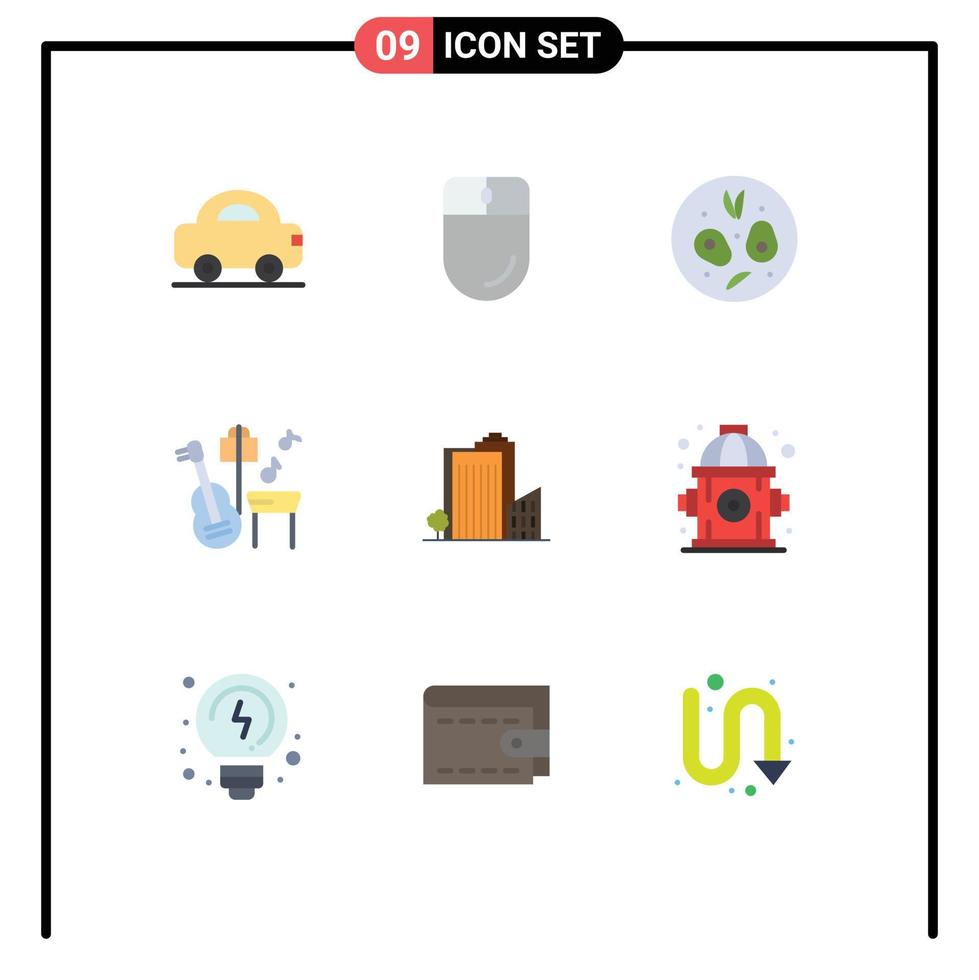 Set of 9 Modern UI Icons Symbols Signs for tower build salad building music Editable Vector Design Elements