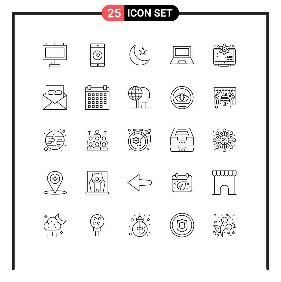 Group of 25 Lines Signs and Symbols for atom hardware moon gadget computers Editable Vector Design Elements
