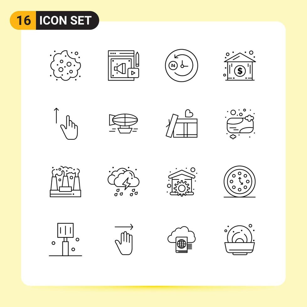 Group of 16 Modern Outlines Set for gestures finger clock up house Editable Vector Design Elements