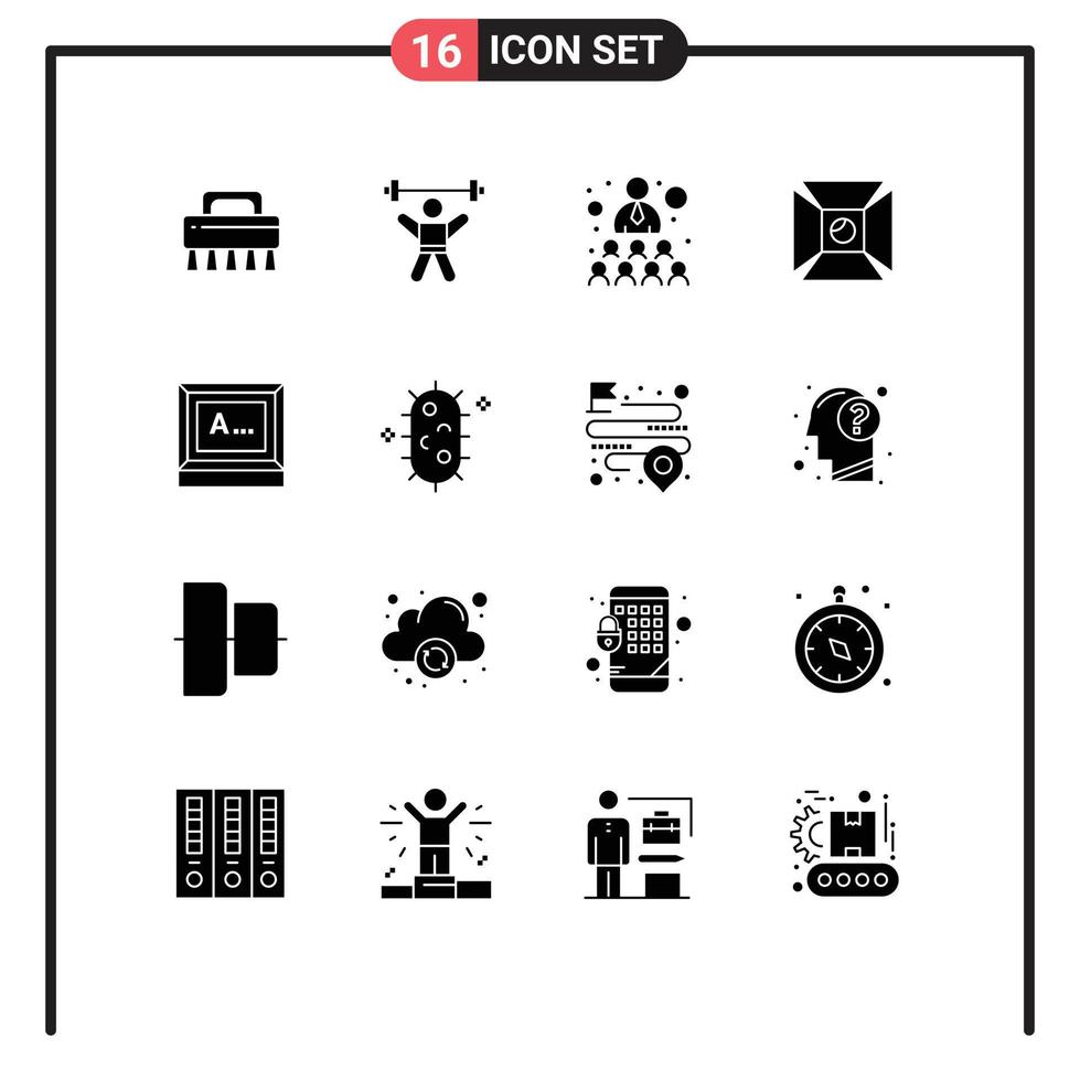 Pictogram Set of 16 Simple Solid Glyphs of typing shooting building light focus Editable Vector Design Elements
