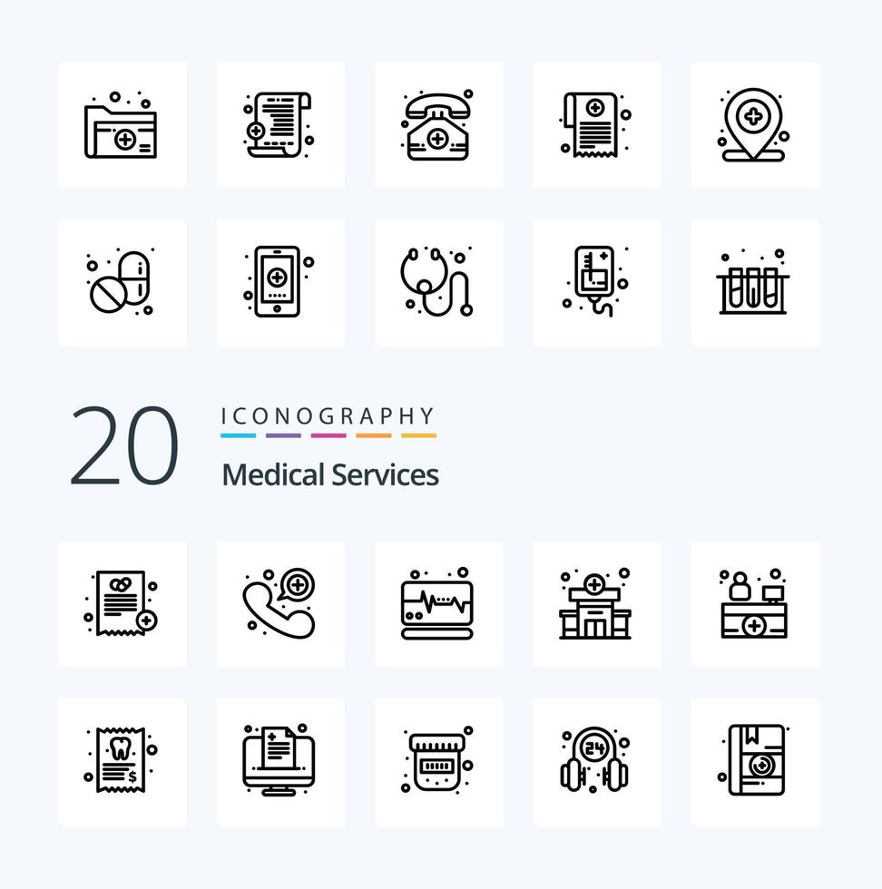 20 Medical Services Line icon Pack like dentist hospital receptionist medical hospital reception hospital vector