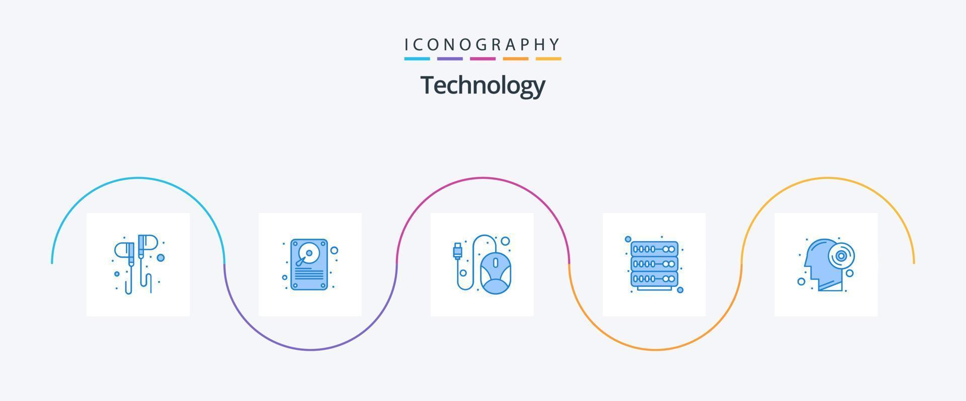 paquete de iconos de tecnología azul 5 que incluye cerebro. servidor. almacenamiento. estante. hardware vector