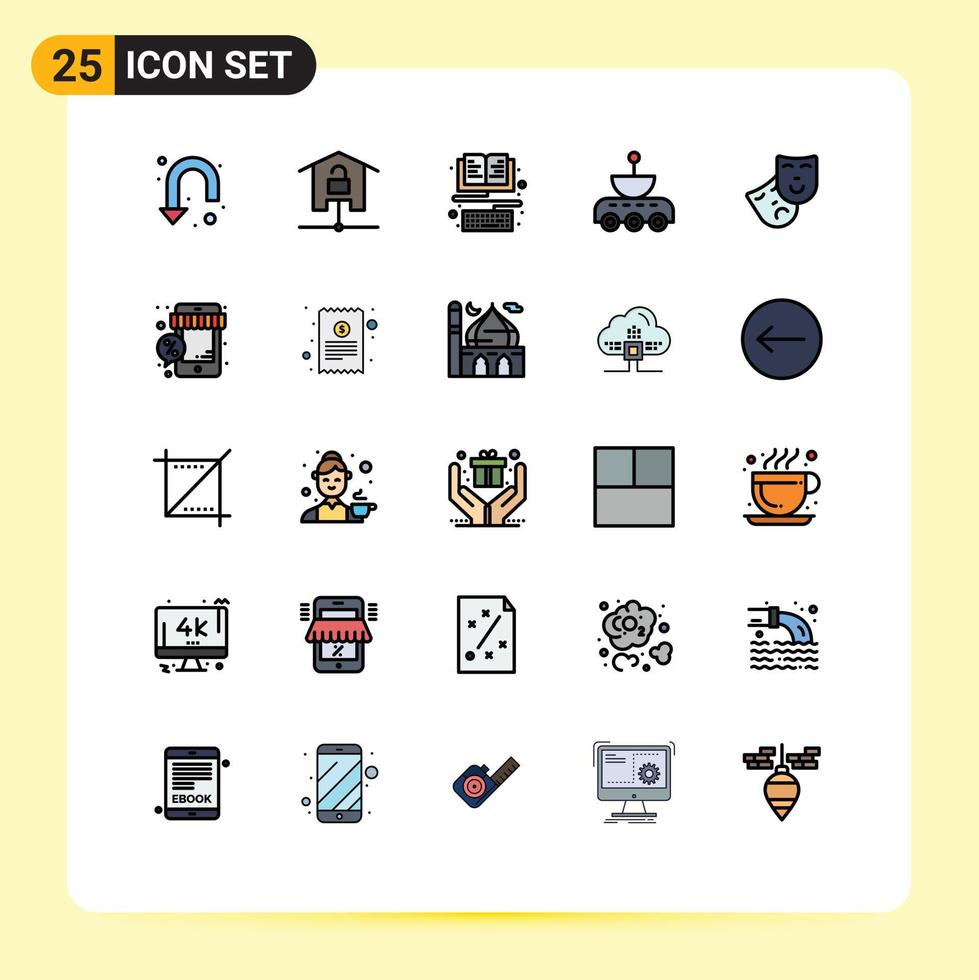Set of 25 Commercial Filled line Flat Colors pack for space science technology satellite keyboard Editable Vector Design Elements