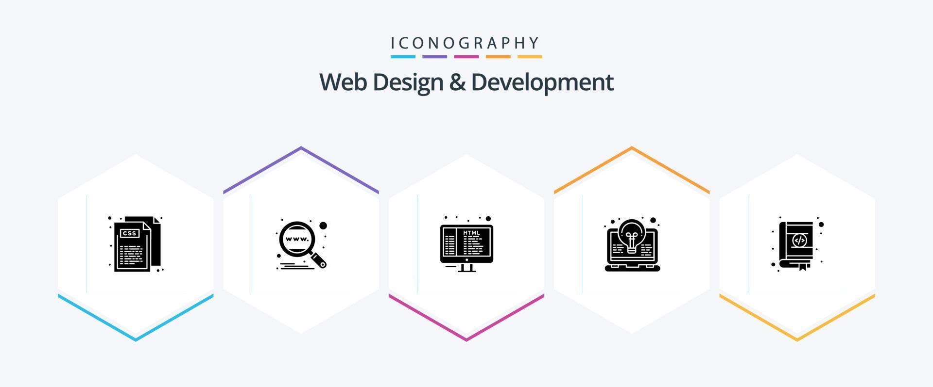 Web Design And Development 25 Glyph icon pack including light. idea. worldwide. coding. programming vector