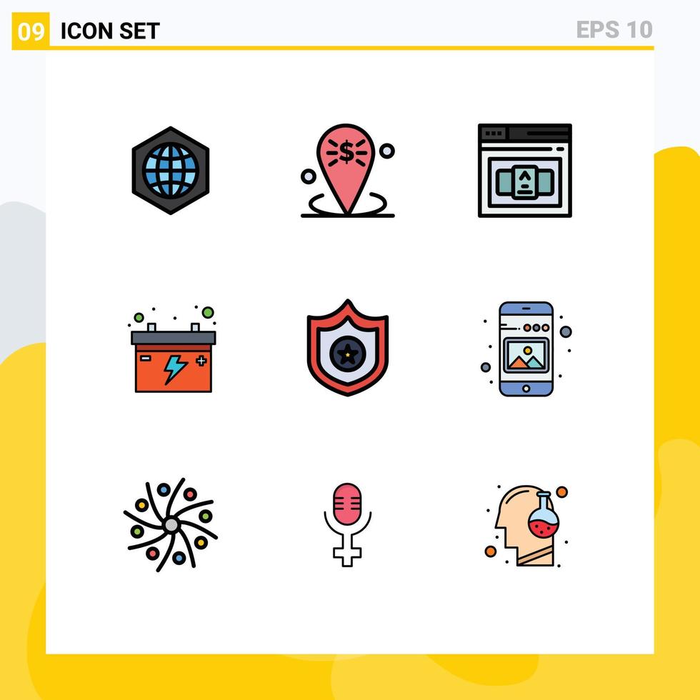 Mobile Interface Filledline Flat Color Set of 9 Pictograms of sheriff car placeholder battery html Editable Vector Design Elements