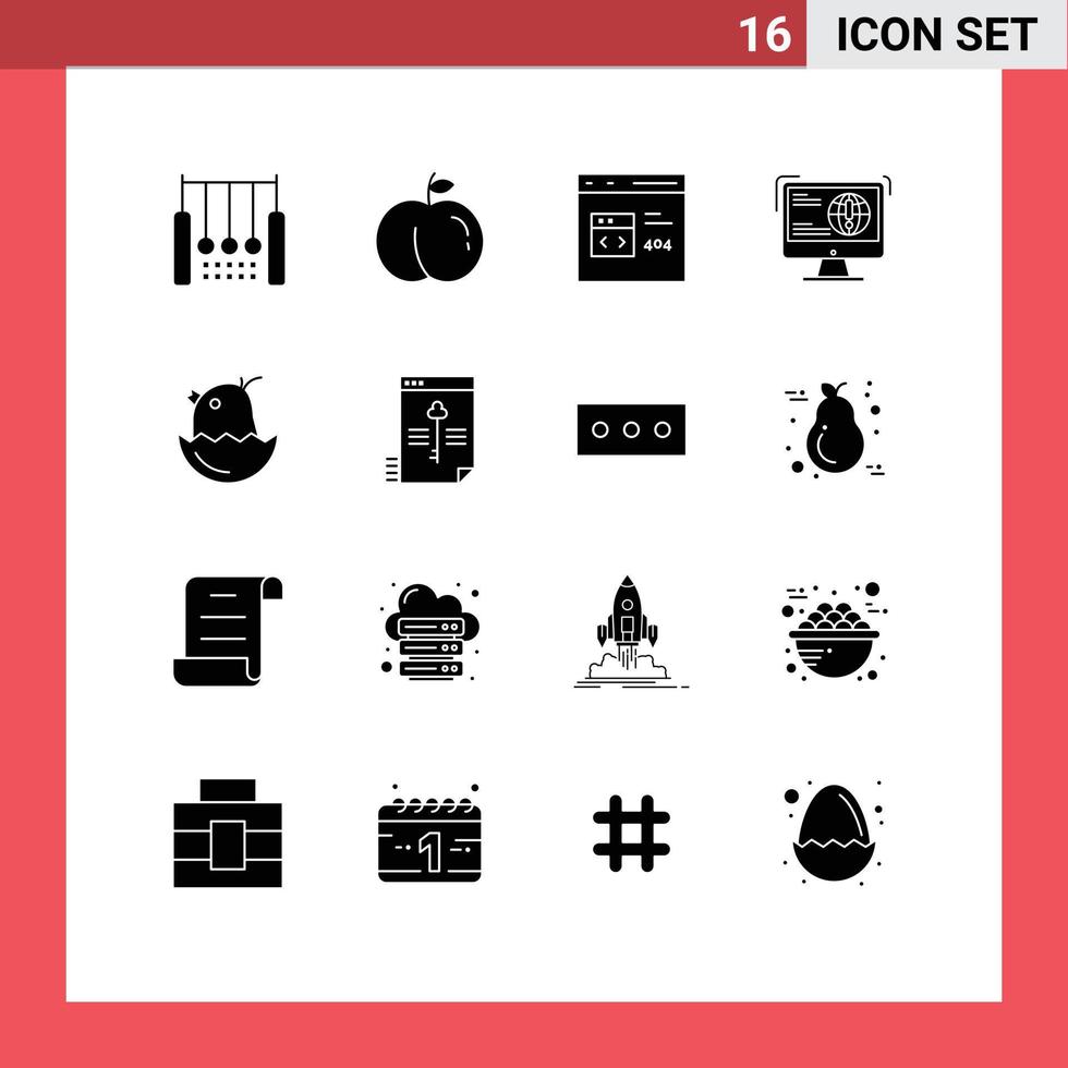 paquete de interfaz de usuario de 16 glifos sólidos básicos de información de desarrollo del navegador del sitio web de pollo elementos de diseño vectorial editables vector