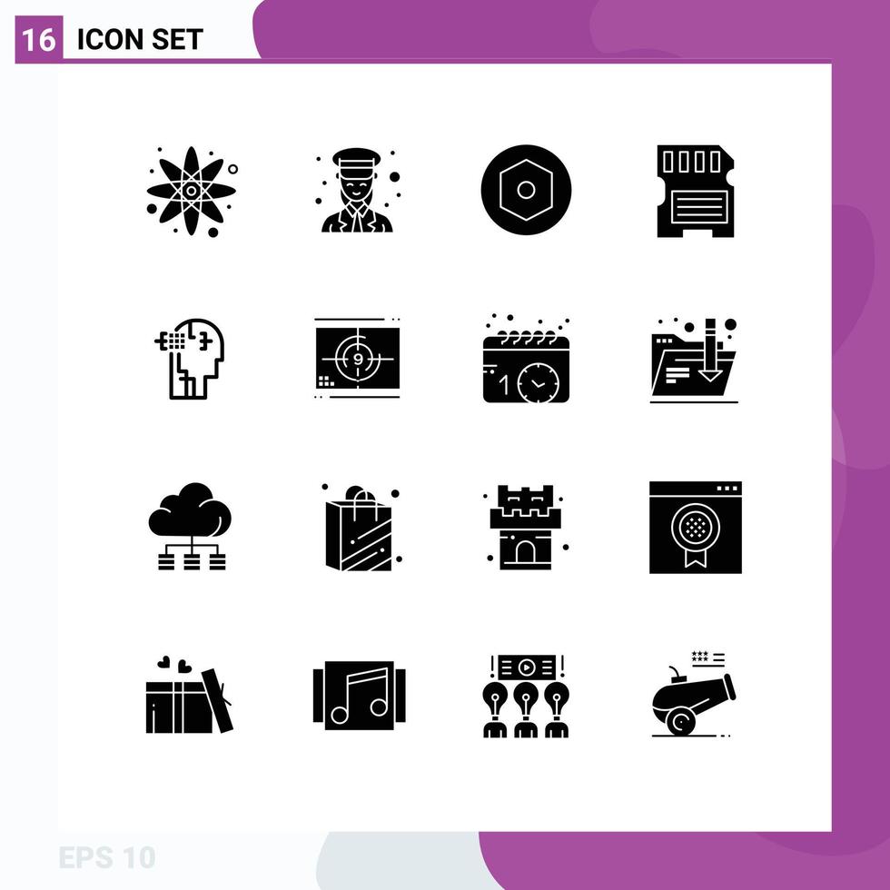 Modern Set of 16 Solid Glyphs Pictograph of man artifical internal sd hardware Editable Vector Design Elements