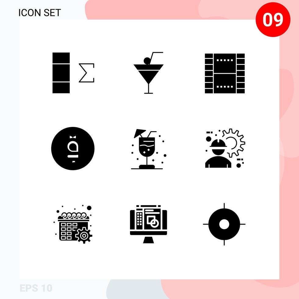 Modern Set of 9 Solid Glyphs and symbols such as summer drink film currency afghan Editable Vector Design Elements