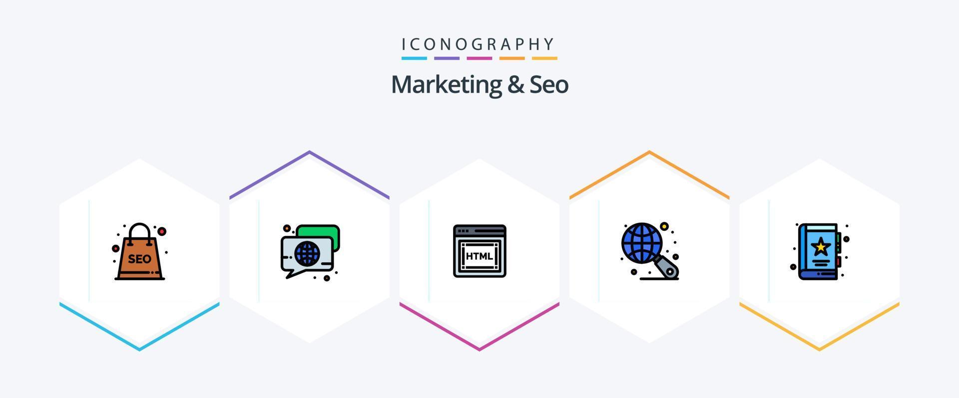 Marketing And Seo 25 FilledLine icon pack including business. book. talk. search. globe vector