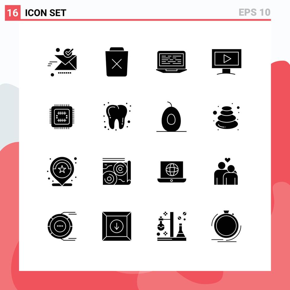 Universal Icon Symbols Group of 16 Modern Solid Glyphs of video monitor remove computer code Editable Vector Design Elements