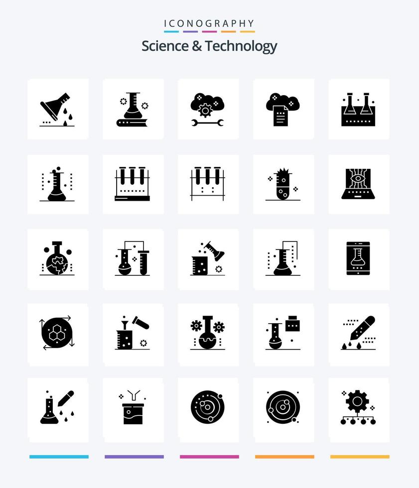 Creative Science And Technology 25 Glyph Solid Black icon pack  Such As file storage. cloud reporting. science knowledge. cloud sync settings. cloud service configure vector