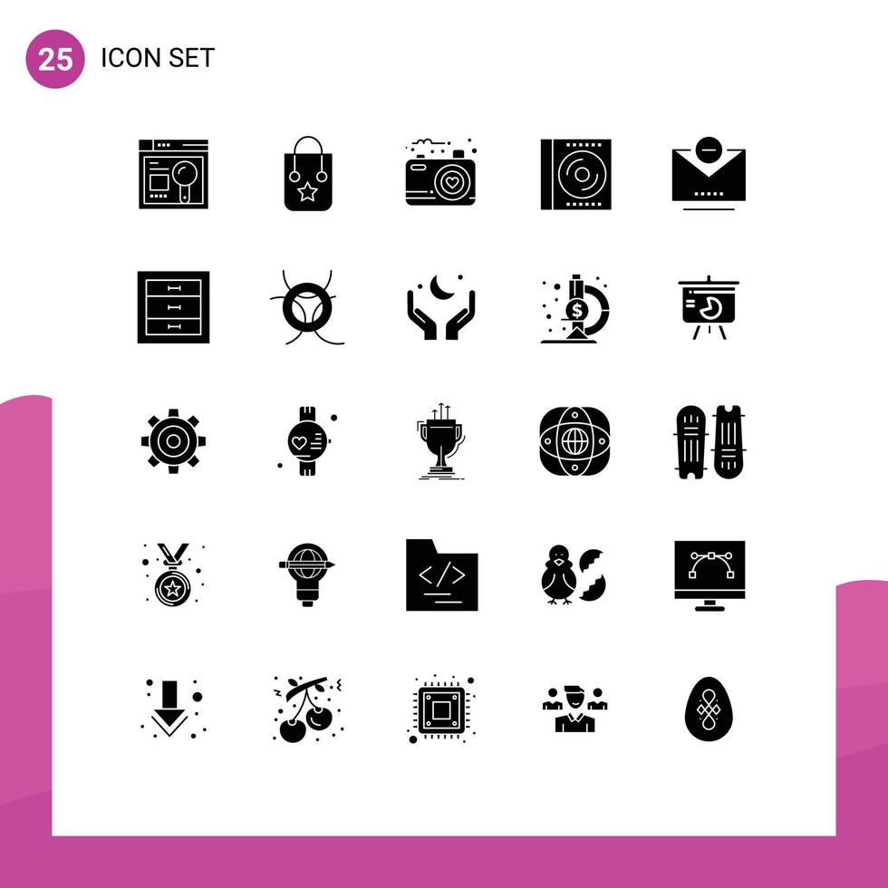25 Thematic Vector Solid Glyphs and Editable Symbols of email digital camera compact blu ray Editable Vector Design Elements
