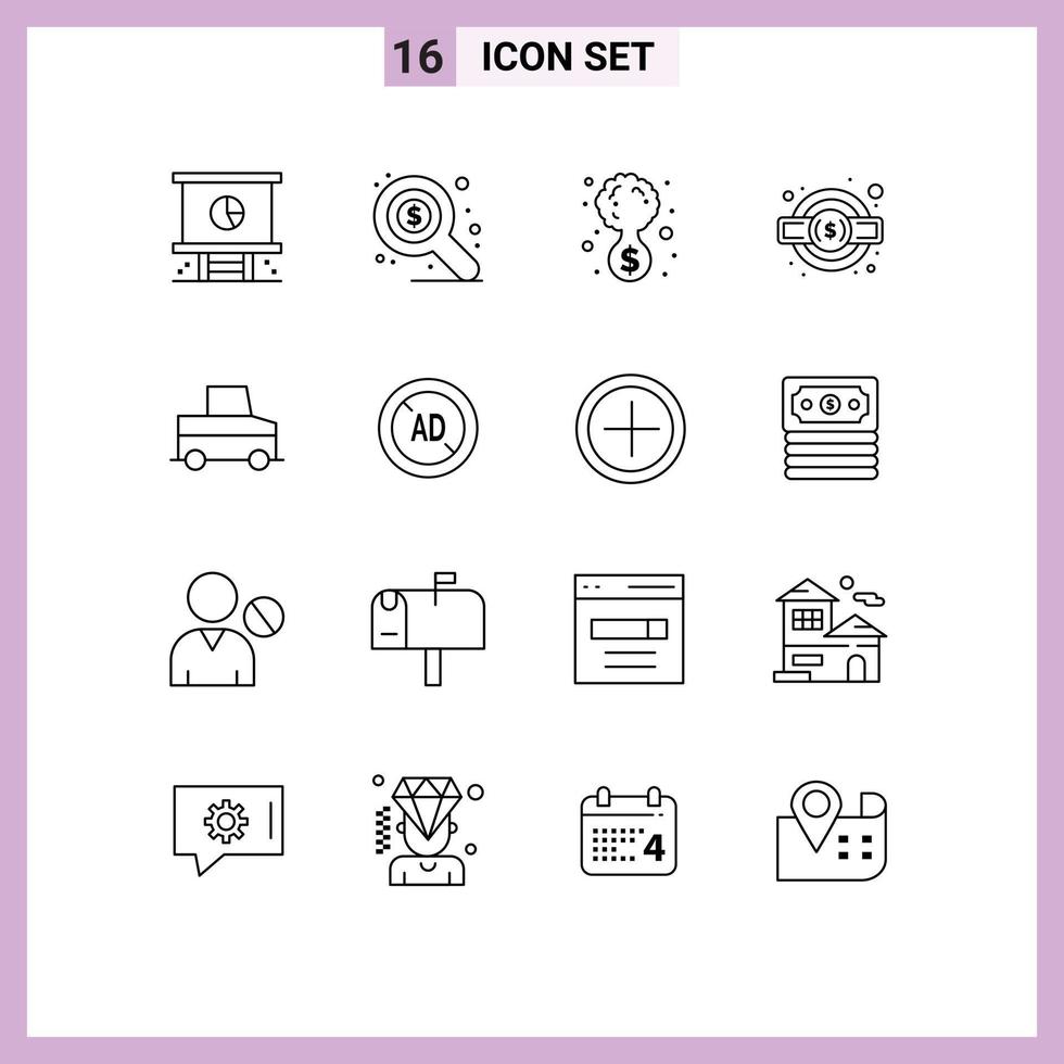 Set of 16 Modern UI Icons Symbols Signs for pickup service legal business tax gear Editable Vector Design Elements