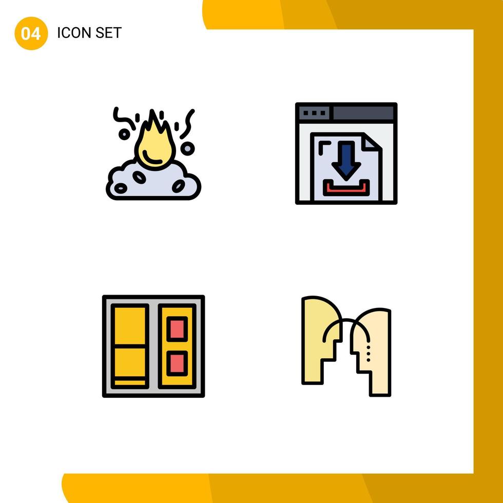 Set of 4 Modern UI Icons Symbols Signs for burn building pollution download door Editable Vector Design Elements