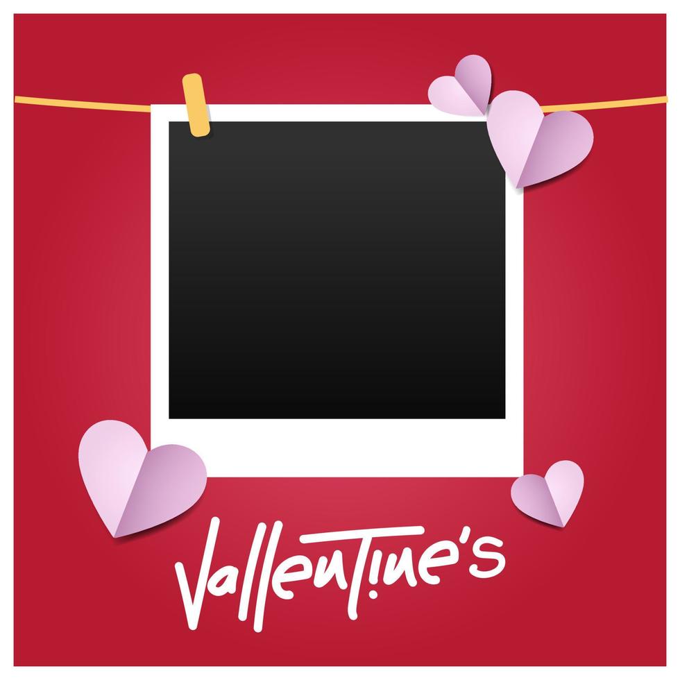 Happy Valentine's Day postcard with blank template for photo. Photo frame with red background. vector