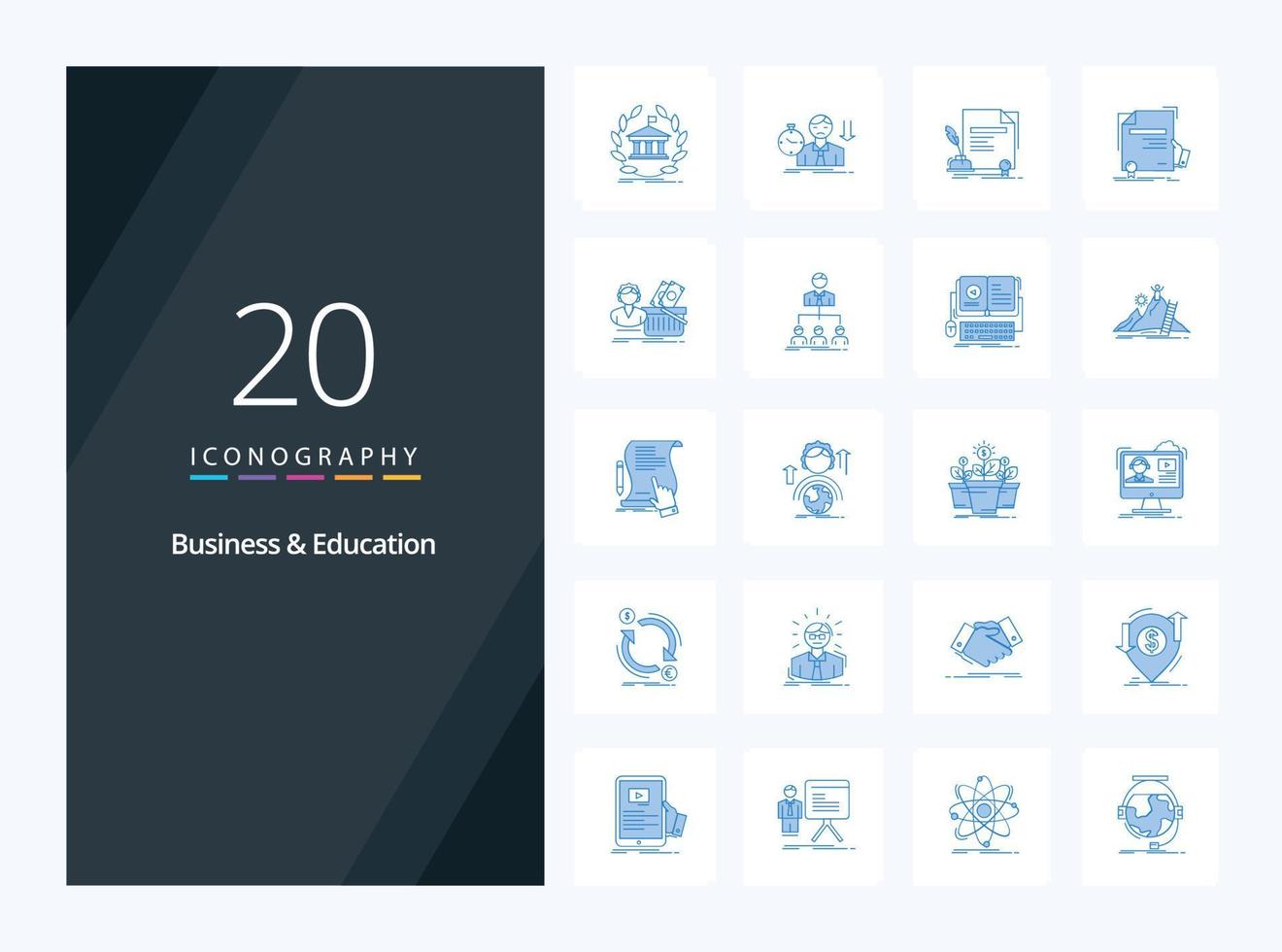 20 iconos de color azul de negocios y educación para presentación vector