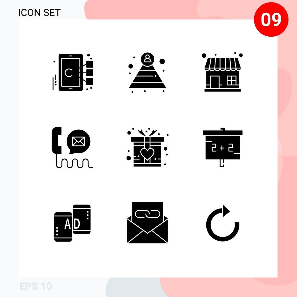 Set of 9 Vector Solid Glyphs on Grid for love mail market store help contact Editable Vector Design Elements