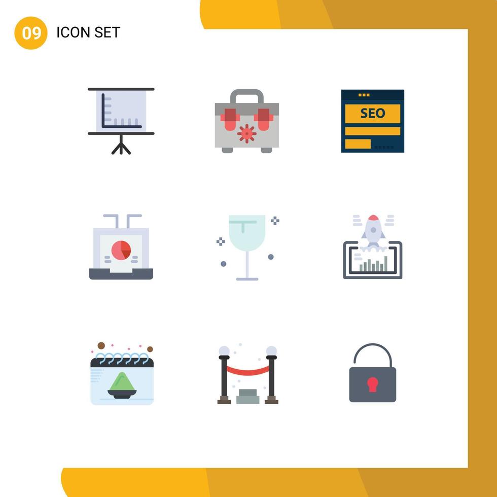 paquete de 9 signos y símbolos modernos de colores planos para medios de impresión web, como datos de informes de bebidas, elementos de diseño de vectores editables para empresas portátiles
